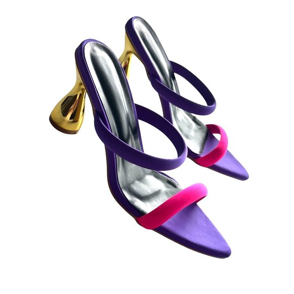 Gold Pyramid High Heel Mules Sandals Neon Pink & Purple Straps Chic Party Size 8 - Picture 3 of 9